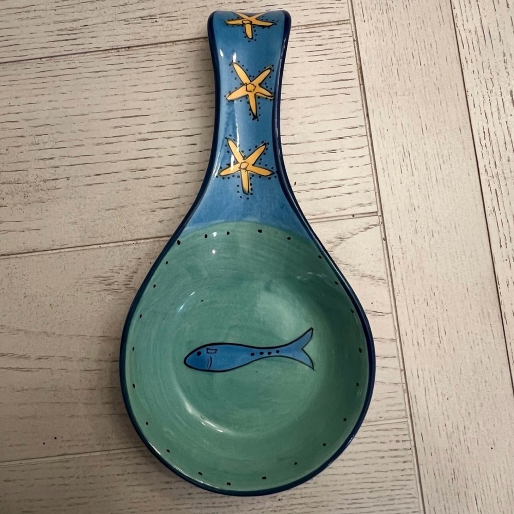 Handpainted Blue and Green Ceramic Spoon Rest with Starfish Design Coastal Decor
